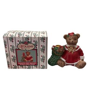 Vintage 1990s Holiday Collection Terracotta Teddy Bear Candle Holder